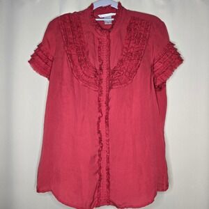 Peter Nygard Red Ruffle Trim Short Sleeve Button Down Blouse Top